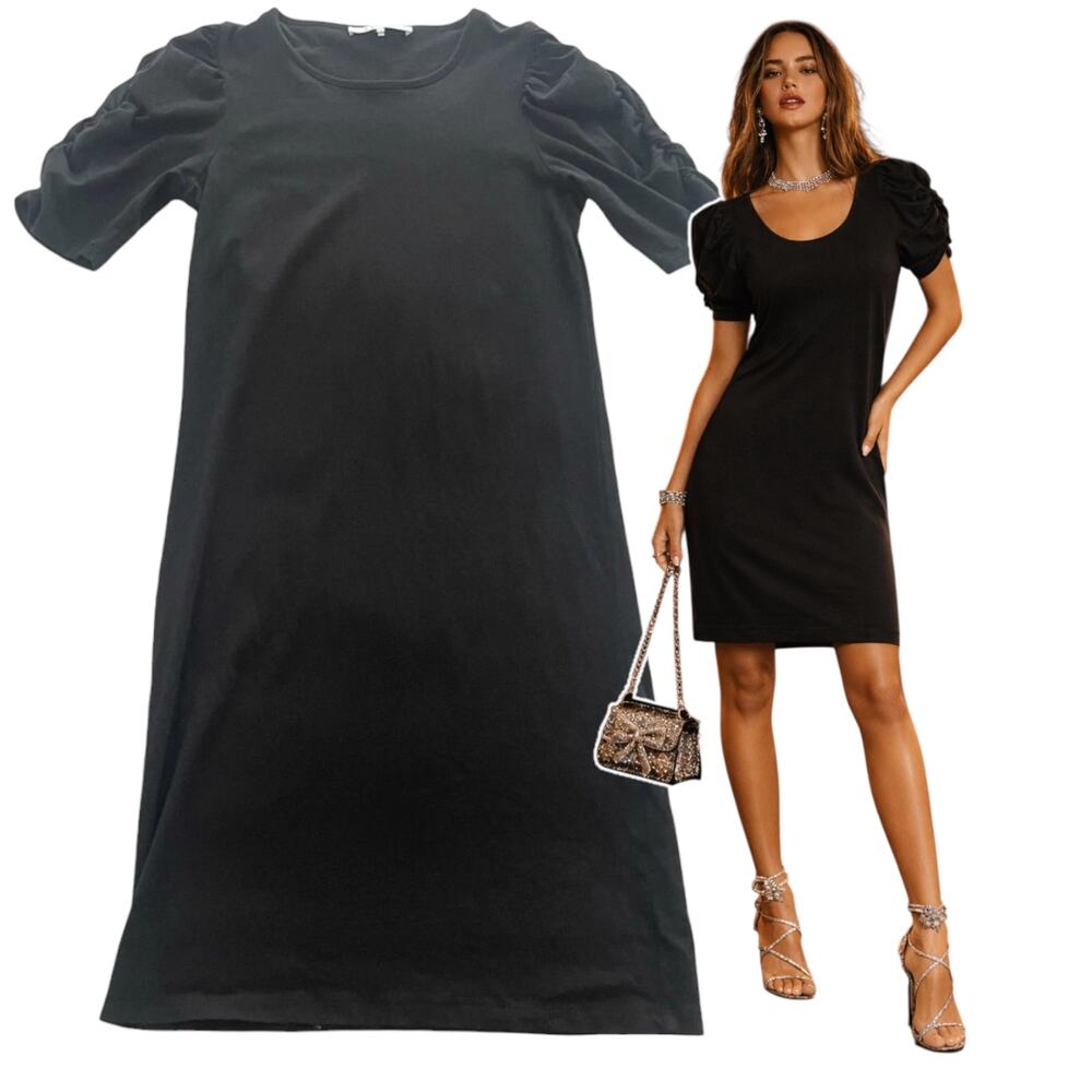 Frame Black Knit T-Shirt Dress Size XS Puff Short Sleeve Shift Tent Ruched Glam